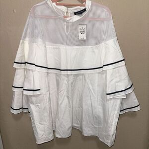 Ashley Stewart White Mesh Ruffle Trim Top Plus Size‎ 26/28 NWT
